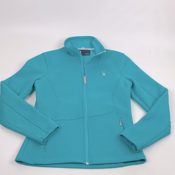 Spyder Turquoise Teal Full-Zip Sweater Core Jacket Size Medium Pockets Collar - Picture 1 of 16